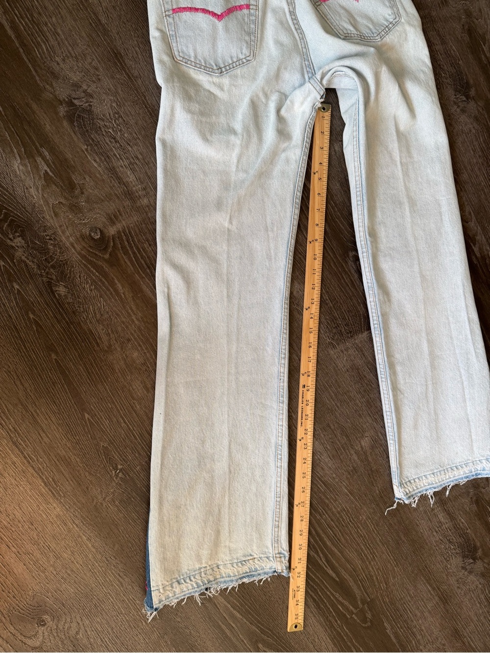 Upcycled Levi’s 501 GOOD KARMA Jeans | Custom Flare Leg | Peace Sign & Eye Art - Picture 8 of 10